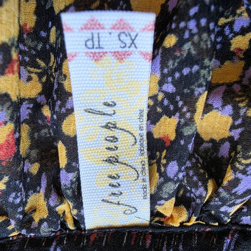 Free People Floral Beaded Peplum Crop Blouse XS Black Yellow Dolman Sleeve